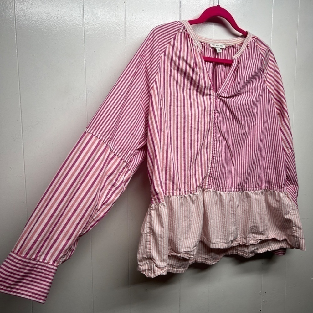 Free Assembly Striped Long Sleeve Ruffle Hem Womens Cotton Top Size XL Pullover - Picture 6 of 12